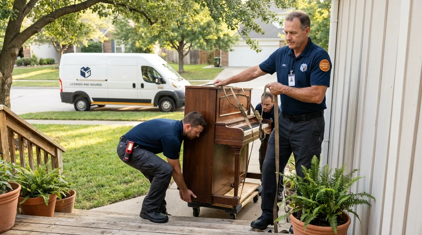 Licensed piano movers securing grand piano in Roseboro, NC