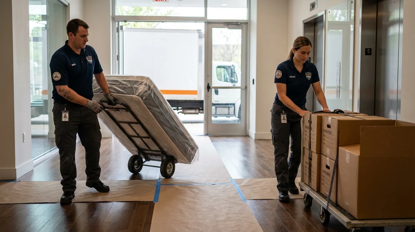Professional apartment movers loading elevator in Roseboro, NC